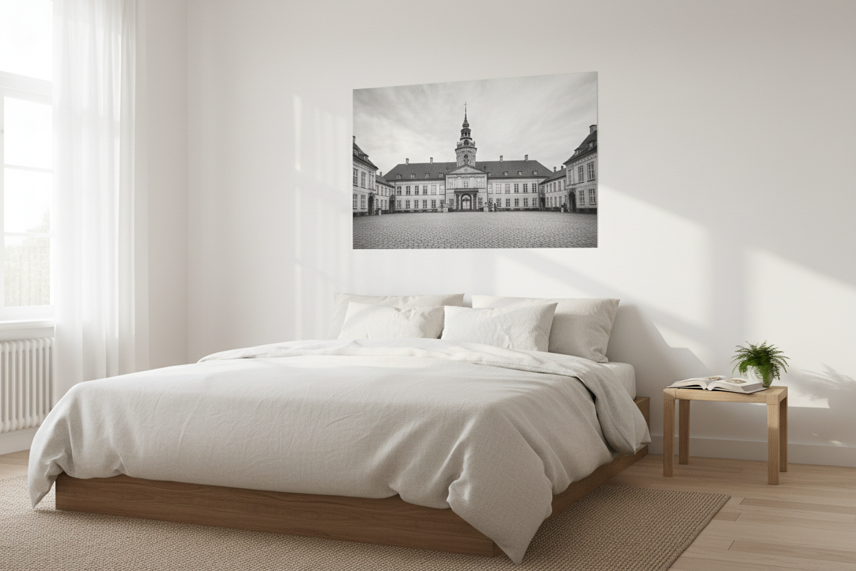 Kopenhaga Zamek Królewski - wizualizacja w sypialni (wersja czarno-biała)