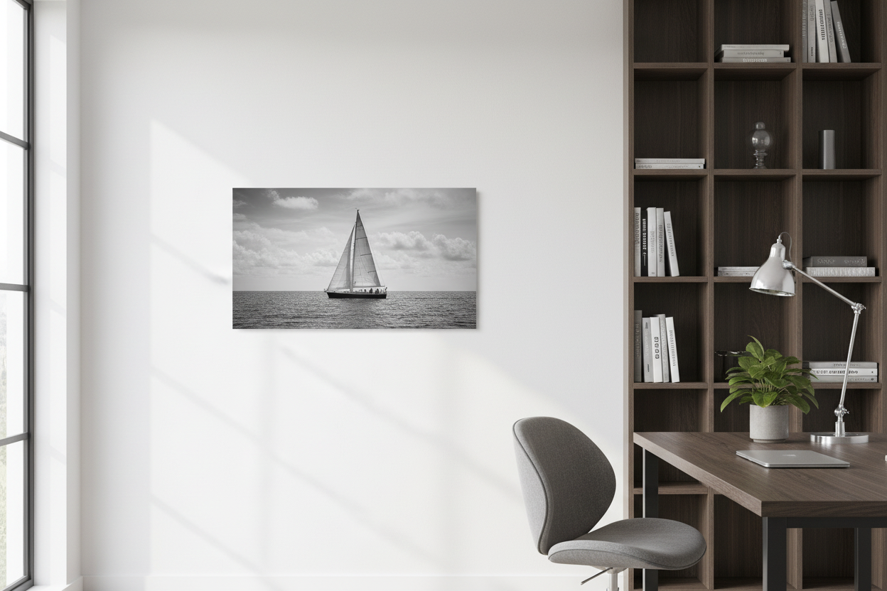 Yacht Na Morzu - wizualizacja w biurze (wersja czarno-biała)