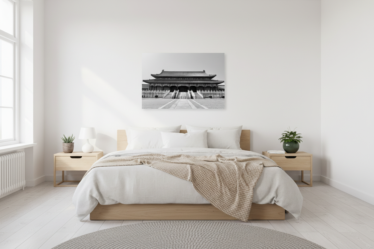 Zakazane Miasto - wizualizacja w sypialni (wersja czarno-biała)