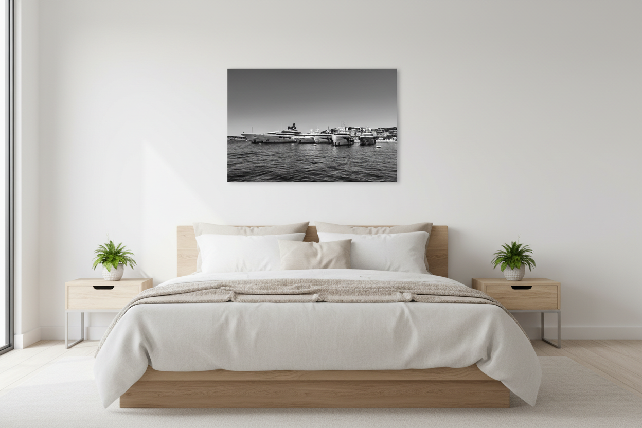 Yachty Porto Cervo - wizualizacja w sypialni (wersja czarno-biała)